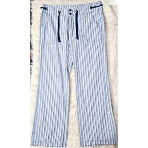 Linen Blend Striped Pants Blue White Drawstring Bootcut Boho Low Rise